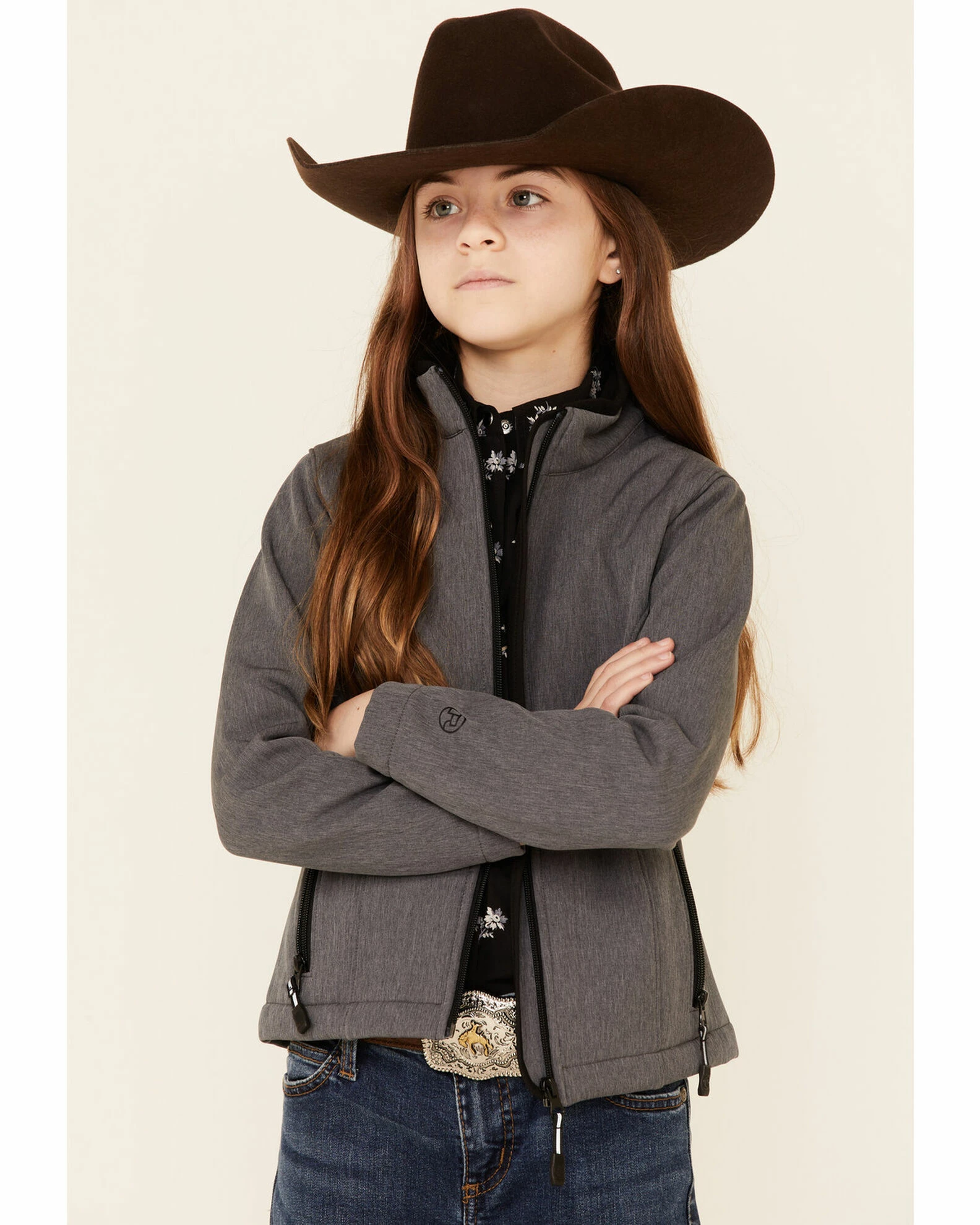 Roper Girls' Heather Grey Hi Tech Fleece Zip-Front Softshell Jacket 3 Roper Girls' Heather Grey Hi Tech Fleece Zip-Front Softshell Jacket