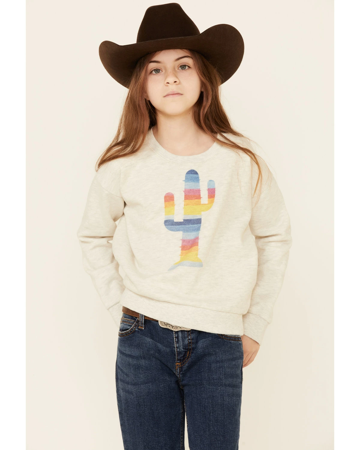 Roper Girls' Cream Rainbow Cactus Graphic Pullover Fleece Sweatshirt White 6 Roper Girls' Cream Rainbow Cactus Graphic Pullover Fleece Sweatshirt White - Image 5