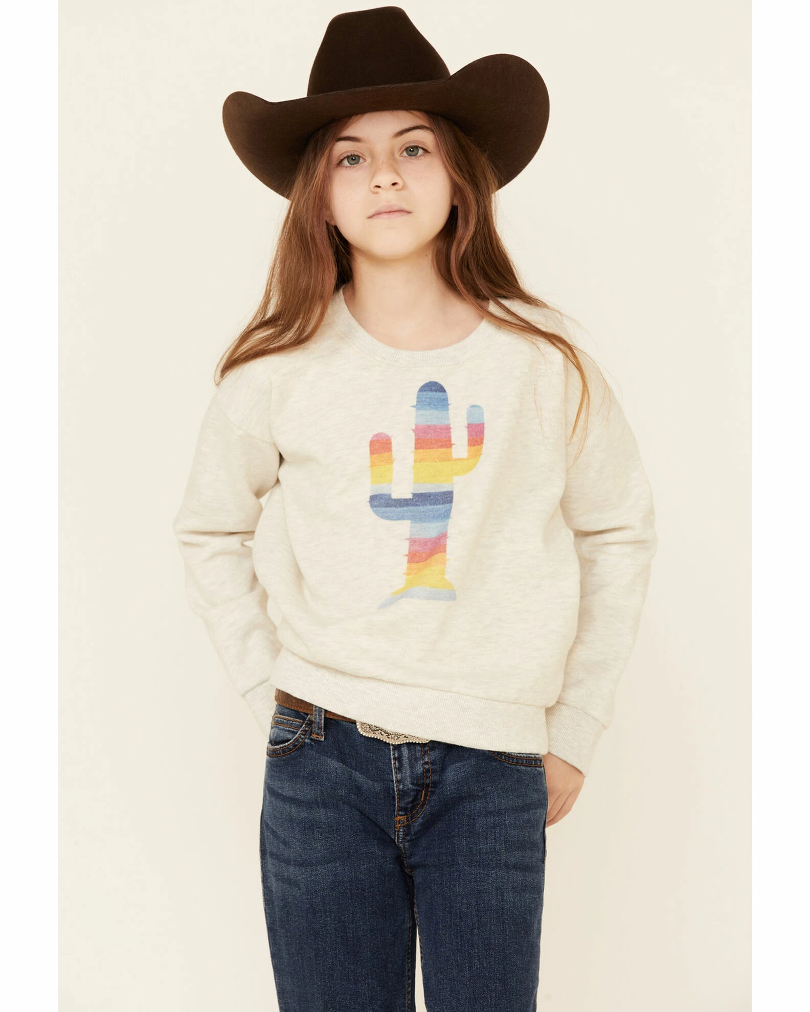 Roper Girls' Cream Rainbow Cactus Graphic Pullover Fleece Sweatshirt White 2 Roper Girls' Cream Rainbow Cactus Graphic Pullover Fleece Sweatshirt White