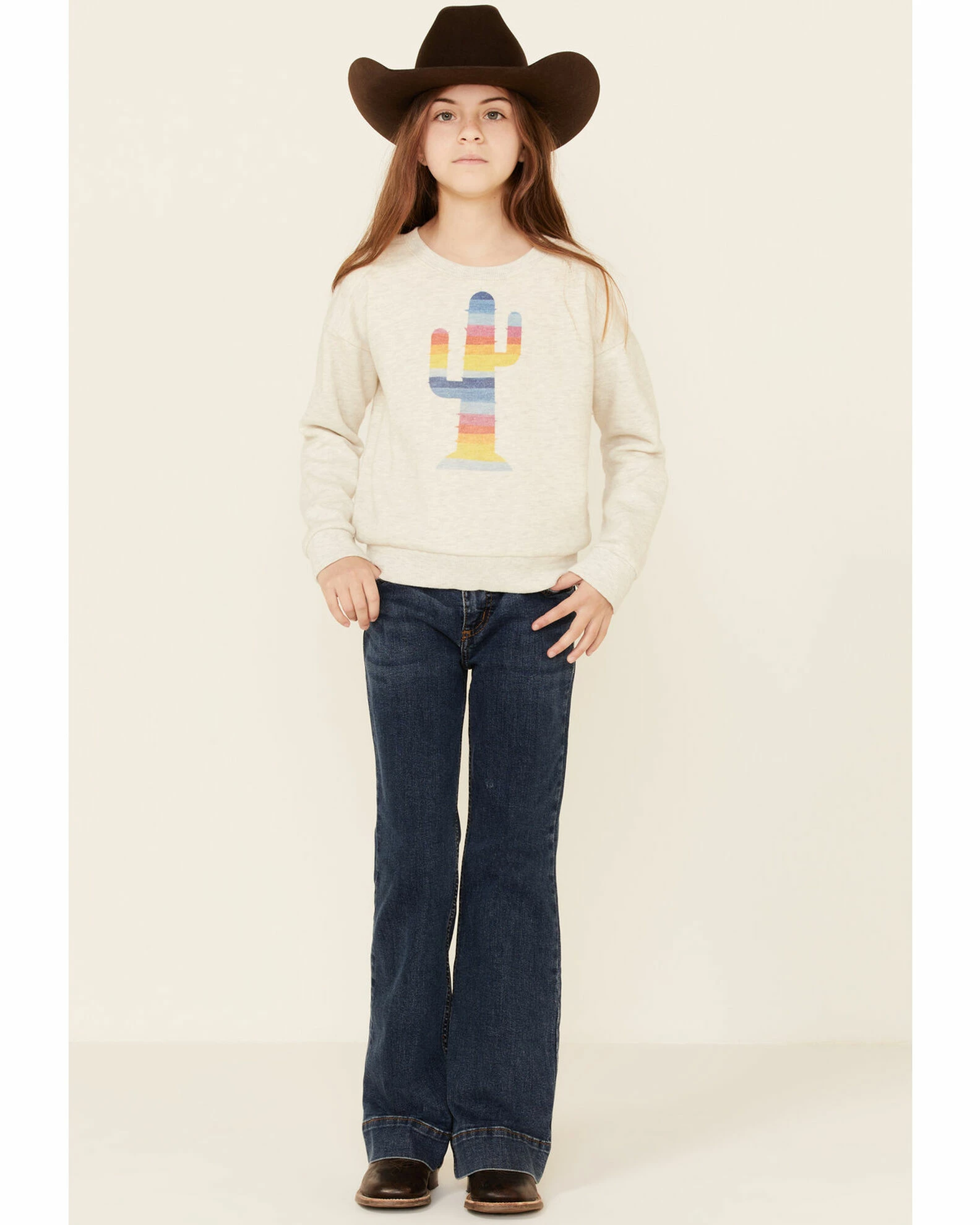 Roper Girls' Cream Rainbow Cactus Graphic Pullover Fleece Sweatshirt White 3 Roper Girls' Cream Rainbow Cactus Graphic Pullover Fleece Sweatshirt White - Image 2