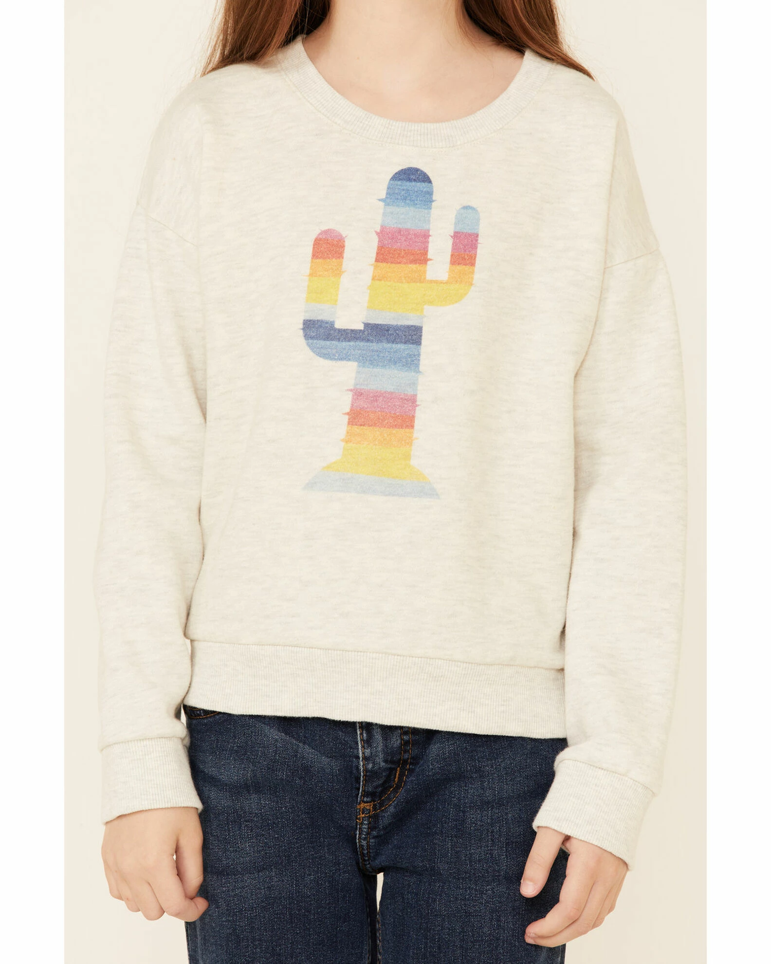 Roper Girls' Cream Rainbow Cactus Graphic Pullover Fleece Sweatshirt White 4 Roper Girls' Cream Rainbow Cactus Graphic Pullover Fleece Sweatshirt White - Image 3
