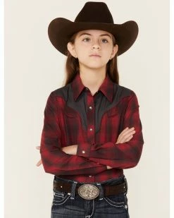 Roper Girls' Red & Charcoal Fancy Applique Plaid Long Sleeve Snap Western Shirt  -Roper Shop 2000346477 600 P1 1