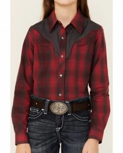 Roper Girls' Red & Charcoal Fancy Applique Plaid Long Sleeve Snap Western Shirt  -Roper Shop 2000346477 600 P2