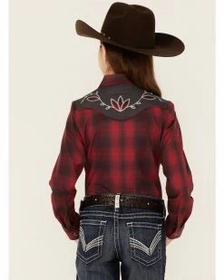 Roper Girls' Red & Charcoal Fancy Applique Plaid Long Sleeve Snap Western Shirt  -Roper Shop 2000346477 600 P3