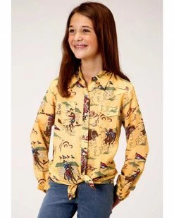 Roper Five Star Girls' Retro Rodeo Print Yellow Western Shirt