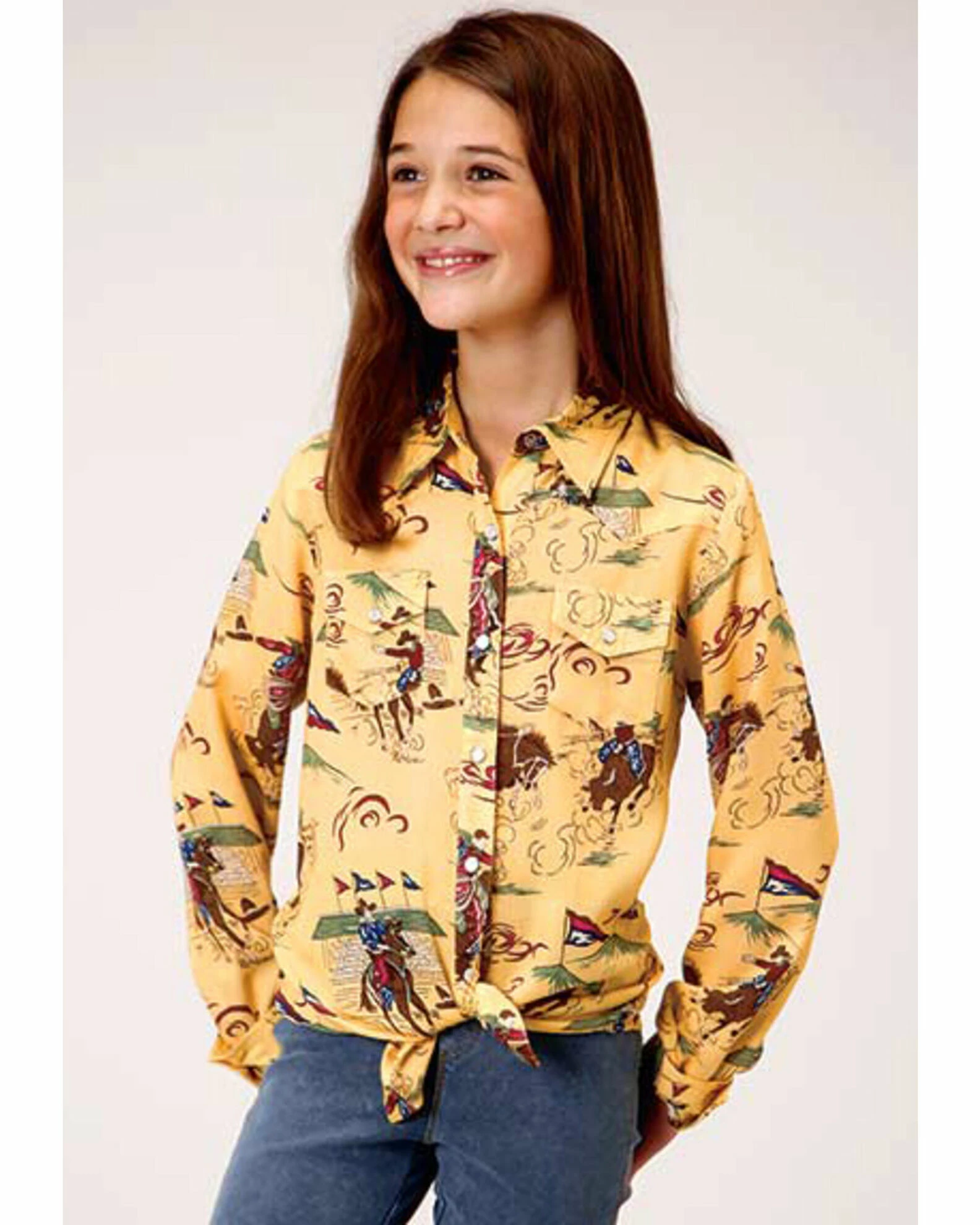 Roper Five Star Girls' Retro Rodeo Print Yellow Western Shirt 3 Roper Five Star Girls' Retro Rodeo Print Yellow Western Shirt