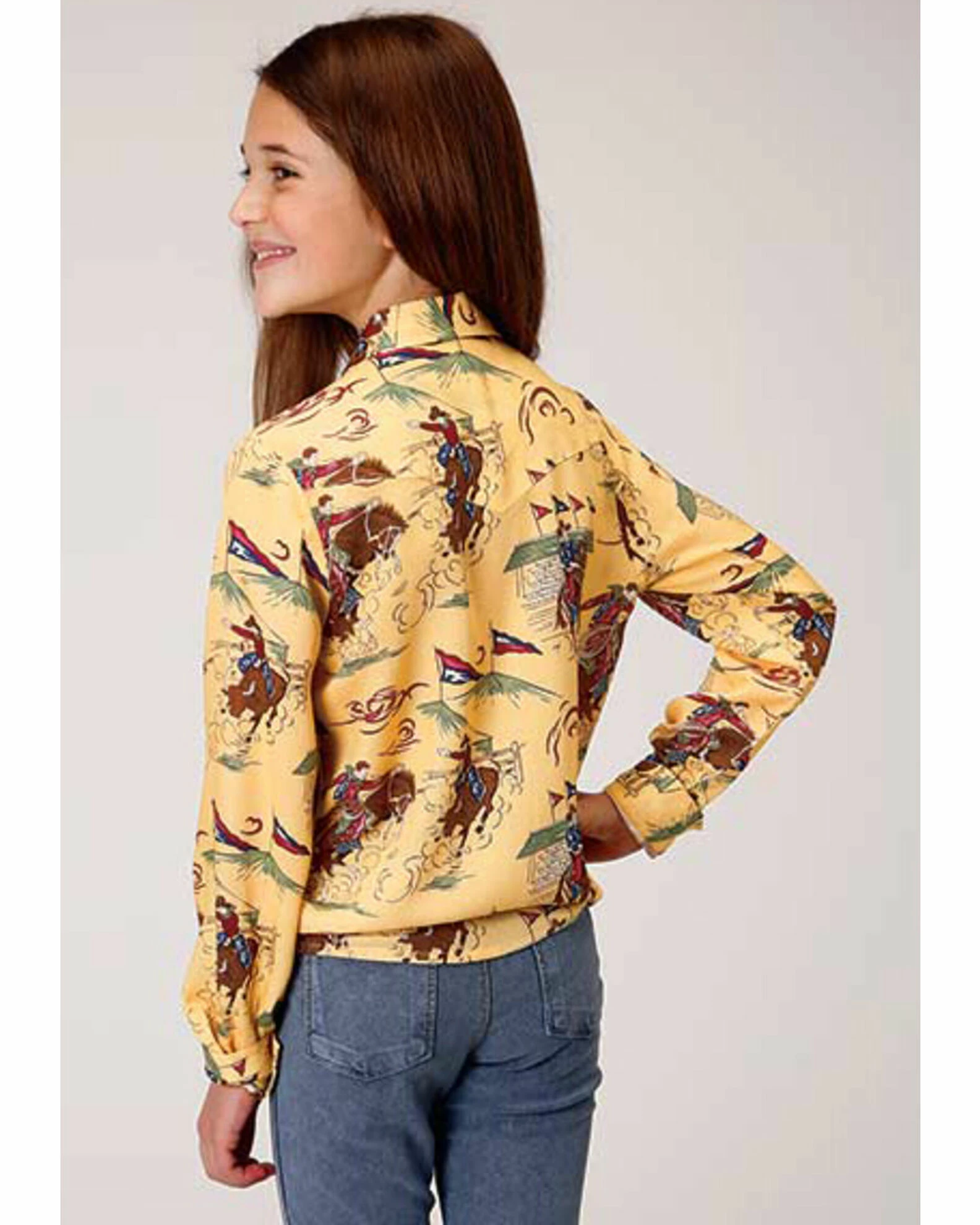 Roper Five Star Girls' Retro Rodeo Print Yellow Western Shirt 4 Roper Five Star Girls' Retro Rodeo Print Yellow Western Shirt - Image 2