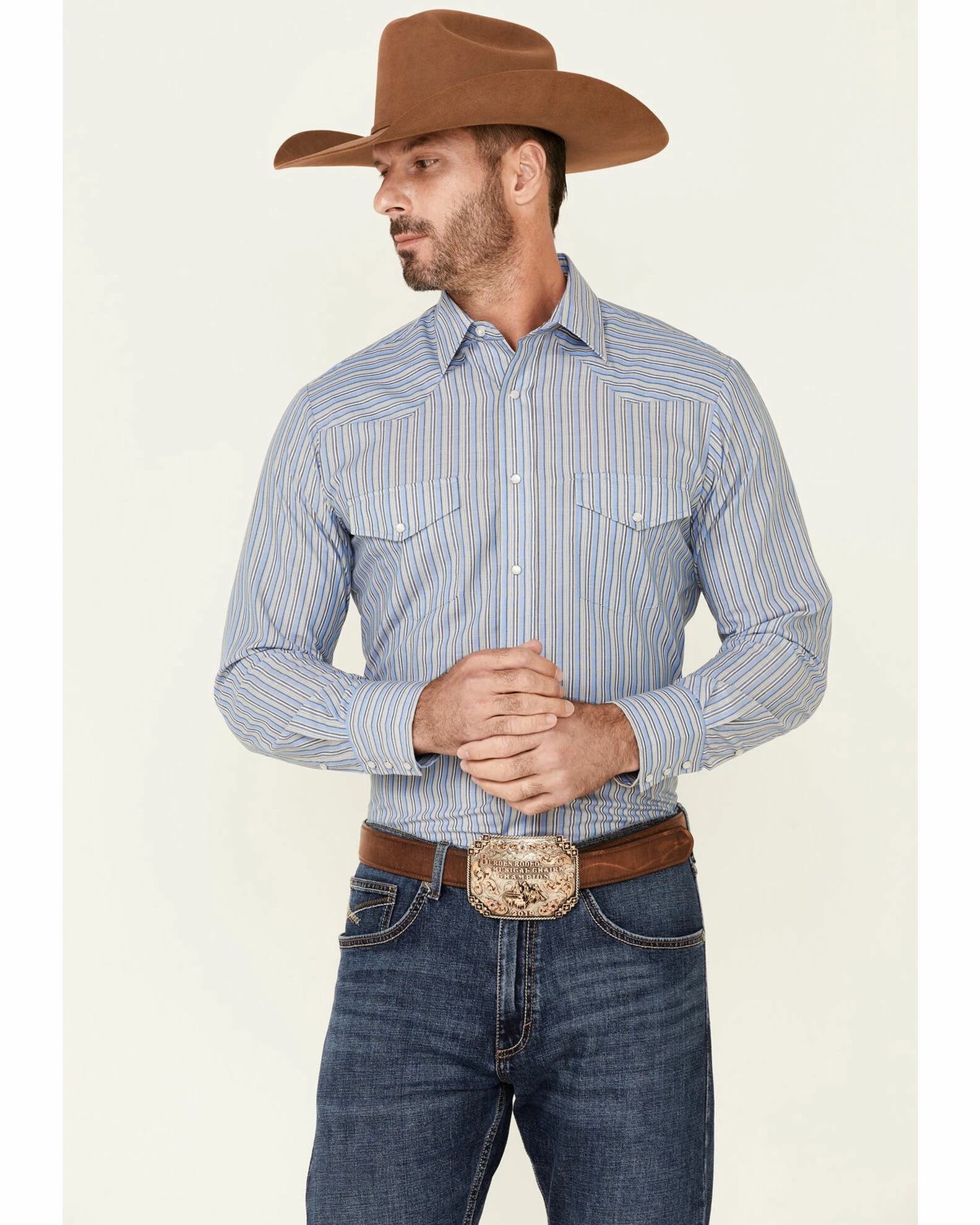 Roper Men's Stripe Long Sleeve Snap Western Shirt Blue 3 Roper Men's Stripe Long Sleeve Snap Western Shirt Blue