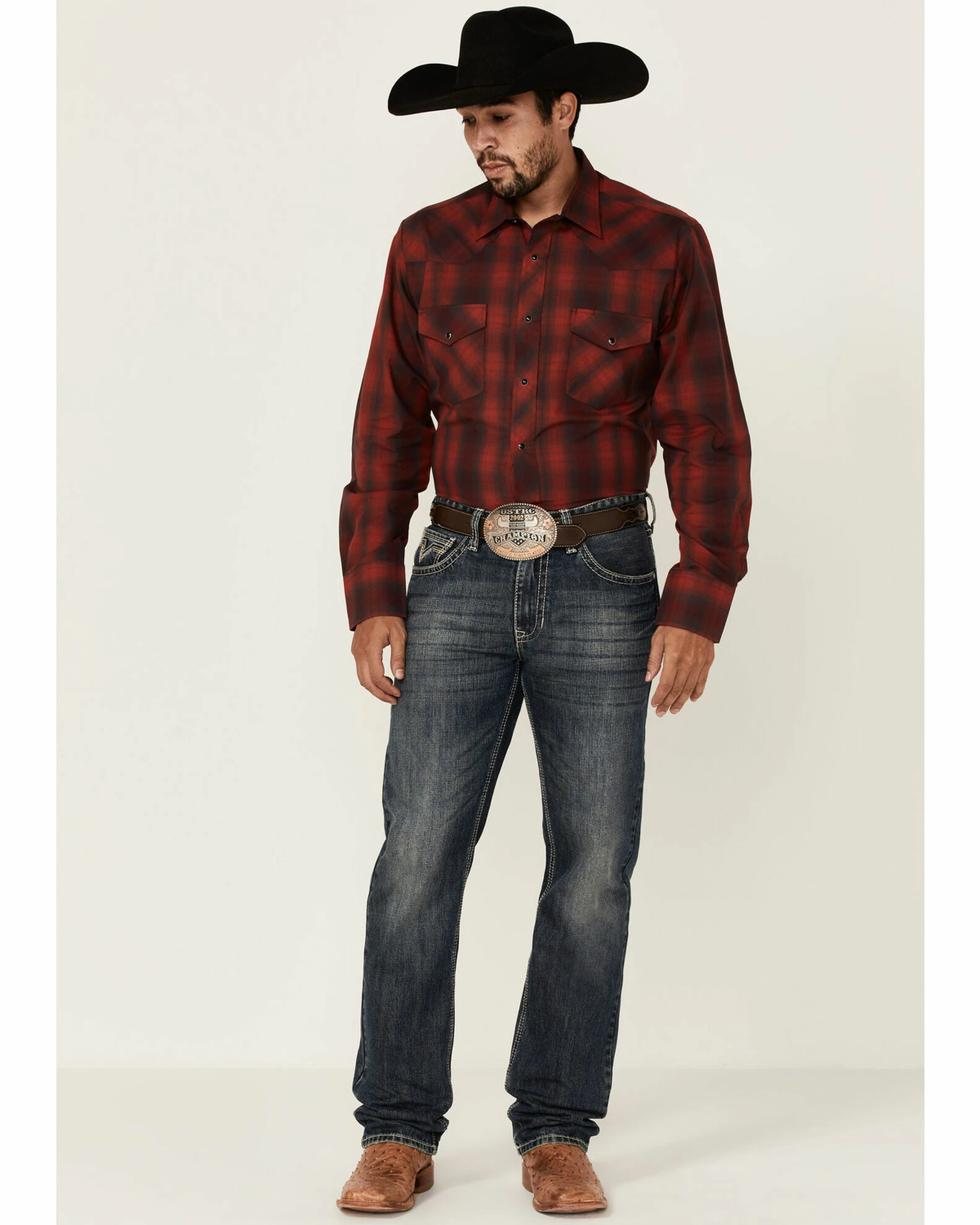 Roper Men's Red & Charcoal Ombre Plaid Long Sleeve Snap Western Shirt 4 Roper Men's Red & Charcoal Ombre Plaid Long Sleeve Snap Western Shirt - Image 2