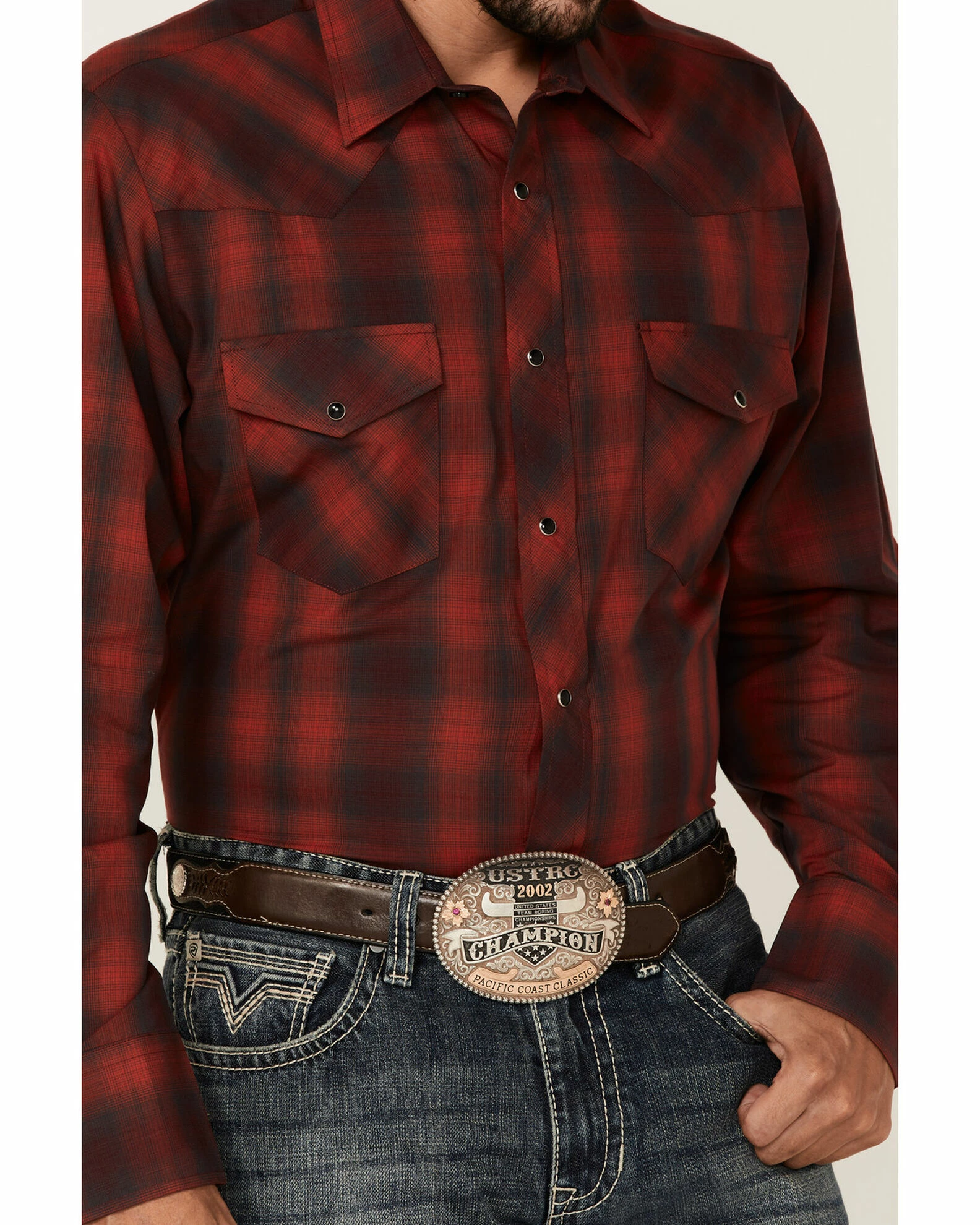 Roper Men's Red & Charcoal Ombre Plaid Long Sleeve Snap Western Shirt 5 Roper Men's Red & Charcoal Ombre Plaid Long Sleeve Snap Western Shirt - Image 3