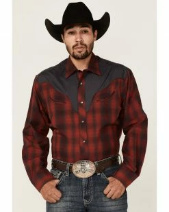 Roper Men's Red & Charcoal Plaid Fancy Applique Embroidered Long Sleeve Snap Western ShirtÂ