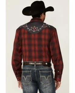 Roper Men's Red & Charcoal Plaid Fancy Applique Embroidered Long Sleeve Snap Western Shirt  -Roper Shop 2000349683 600 P4