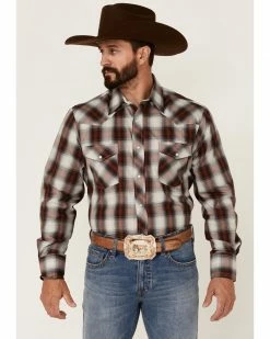 Roper Men's Wine Plaid Long Sleeve Snap Western Shirt Maroon