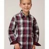 Roper Boys' Plaid Print Long Sleeve Snap Western Shirt Wine