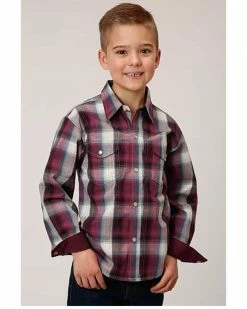 Roper Boys' Plaid Print Long Sleeve Snap Western Shirt Wine