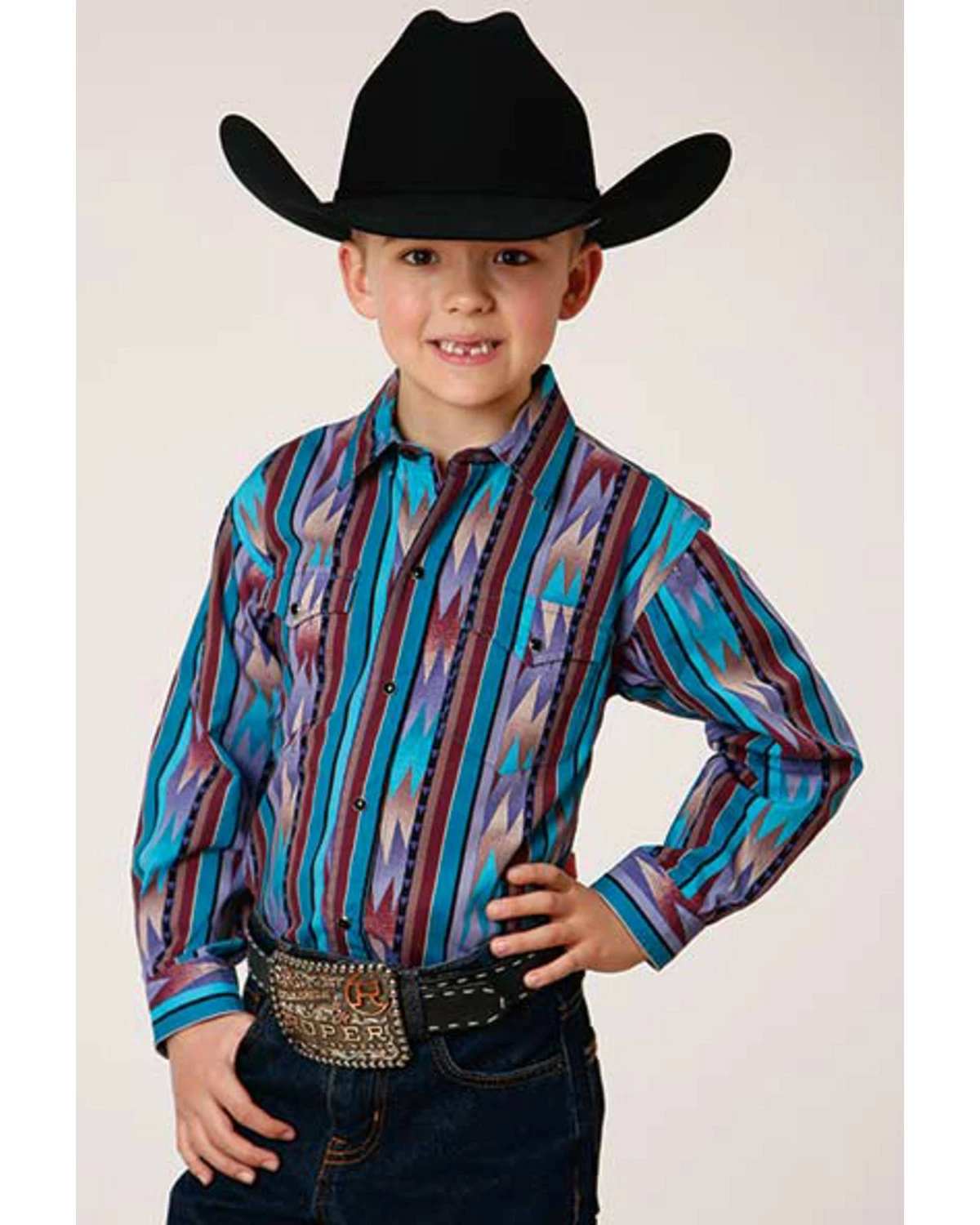 Roper Boys' Vertical Southwestern Print Snap Western Shirt Purple 5 Roper Boys' Vertical Southwestern Print Snap Western Shirt Purple - Image 3