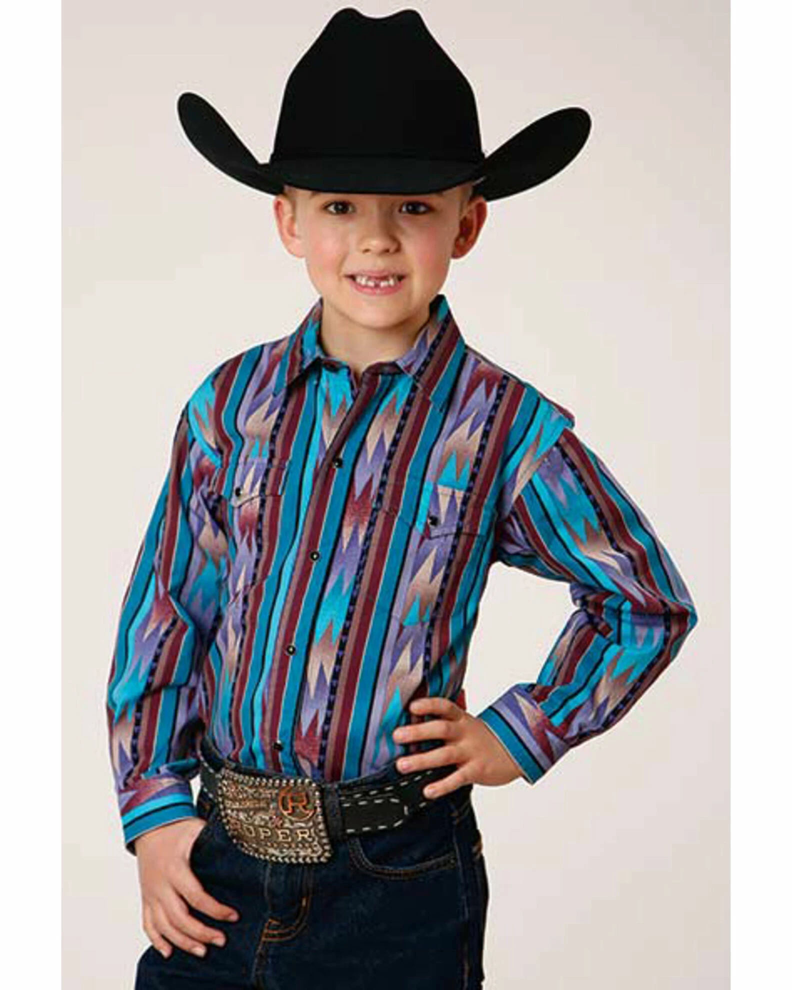 Roper Boys' Vertical Southwestern Print Snap Western Shirt Purple 3 Roper Boys' Vertical Southwestern Print Snap Western Shirt Purple