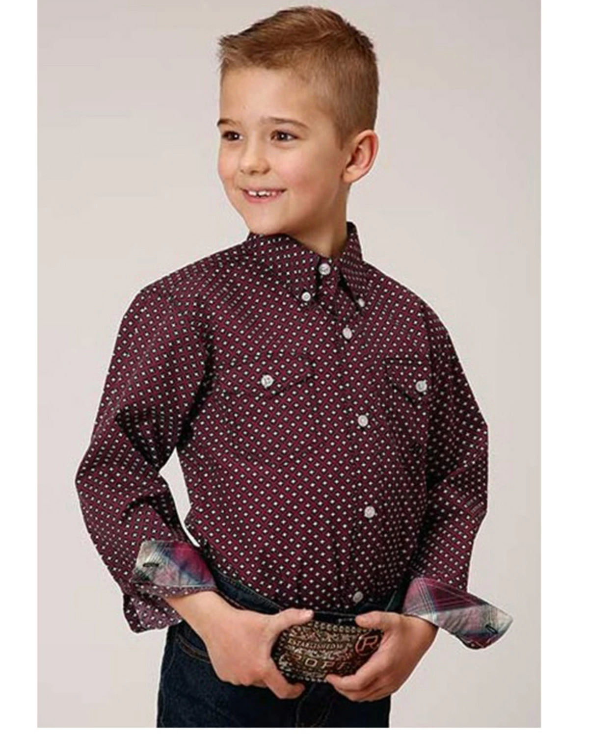 Roper Boys' Amarillo Diamond Geo Print Long Sleeve Button-Down Shirt Wine 5 Roper Boys' Amarillo Diamond Geo Print Long Sleeve Button-Down Shirt Wine - Image 3
