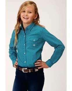 Roper Girls' Amarillo Teal Snap Geo Print Western Shirt