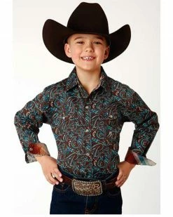 Roper Boys' Paisley Print Long Sleeve Snap Western Shirt Brown