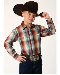 Roper Boys' Amarillo Plaid Print Long Sleeve Snap Western Shirt Brown