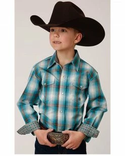 Roper Boys' Plaid Print Long Sleeve Snap Western Shirt Teal