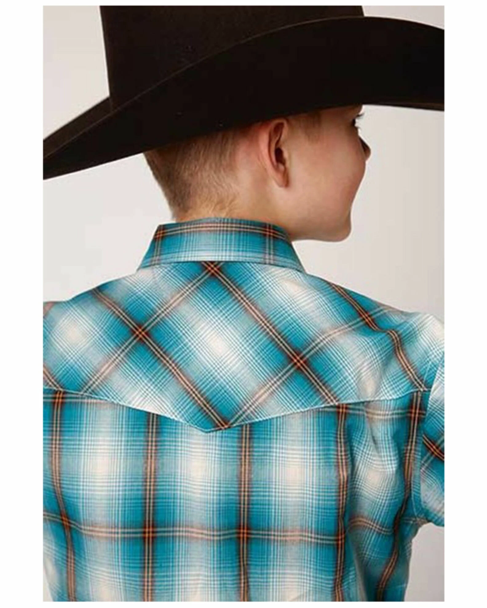 Roper Boys' Plaid Print Long Sleeve Snap Western Shirt Teal 4 Roper Boys' Plaid Print Long Sleeve Snap Western Shirt Teal - Image 2