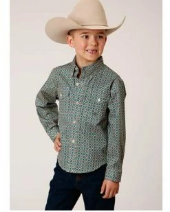 Roper Boys' Geo Print Long Sleeve Button-Down Western Shirt Teal