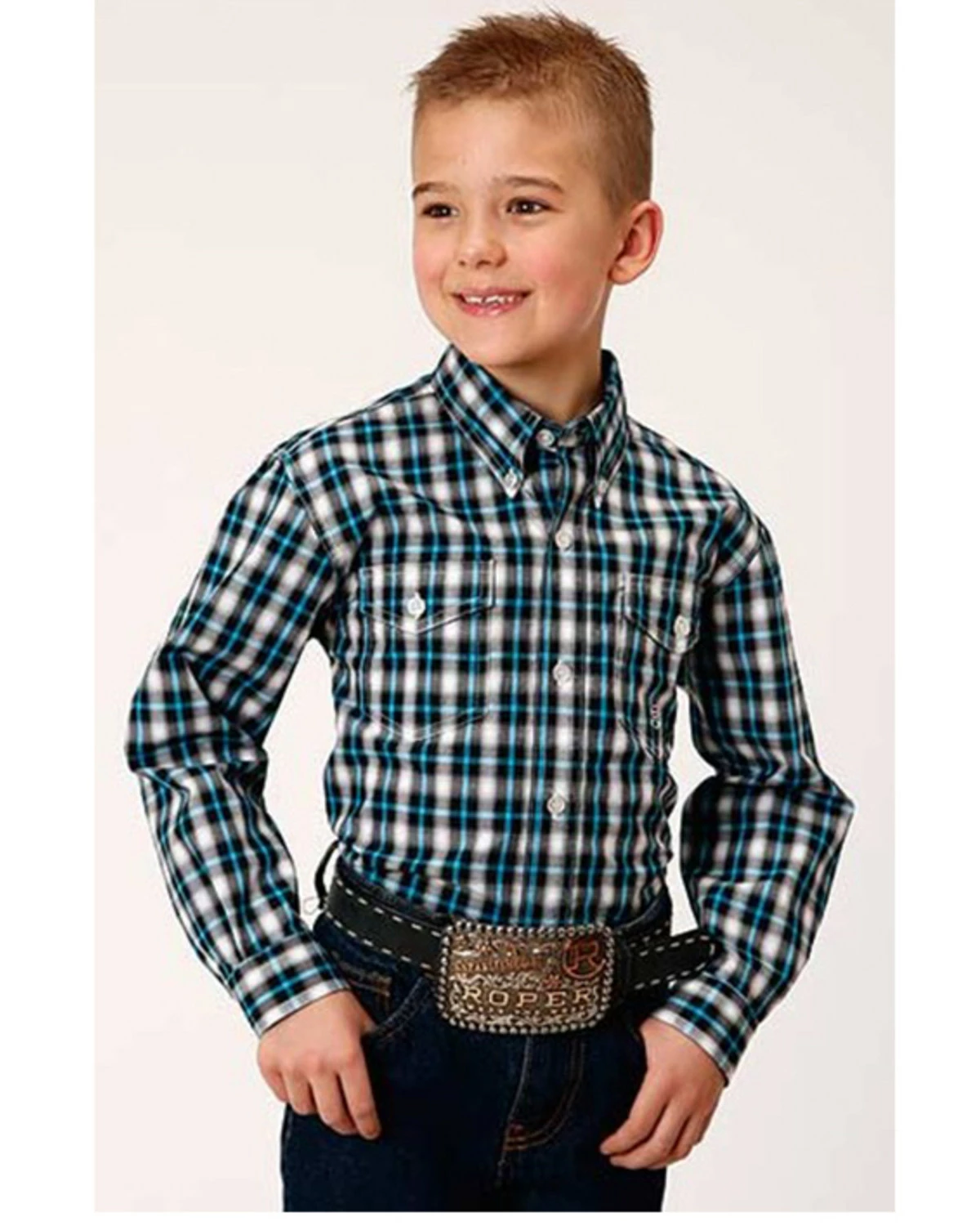 Roper Boys' Plaid Print Long Sleeve Button-Down Western Shirt Teal 5 Roper Boys' Plaid Print Long Sleeve Button-Down Western Shirt Teal - Image 3
