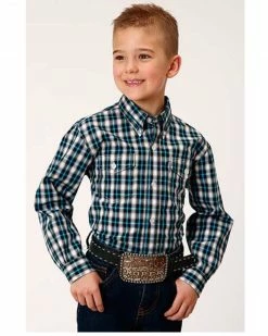 Roper Boys' Plaid Print Long Sleeve Button-Down Western Shirt Teal