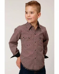 Roper Boys' Diamond Print Snap Long Sleeve Wine Shirt