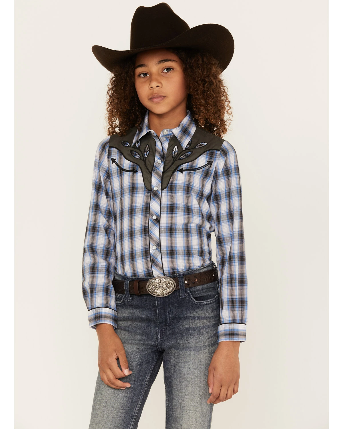 Roper Girls' Blue Plaid Embroidered Yoke Long Sleeve Snap Western Shirt 7 Roper Girls' Blue Plaid Embroidered Yoke Long Sleeve Snap Western Shirt - Image 5