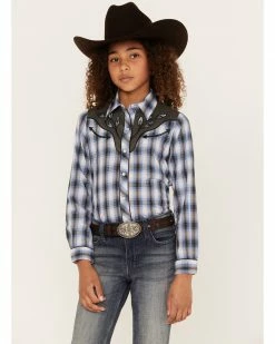 Roper Girls' Blue Plaid Embroidered Yoke Long Sleeve Snap Western Shirt
