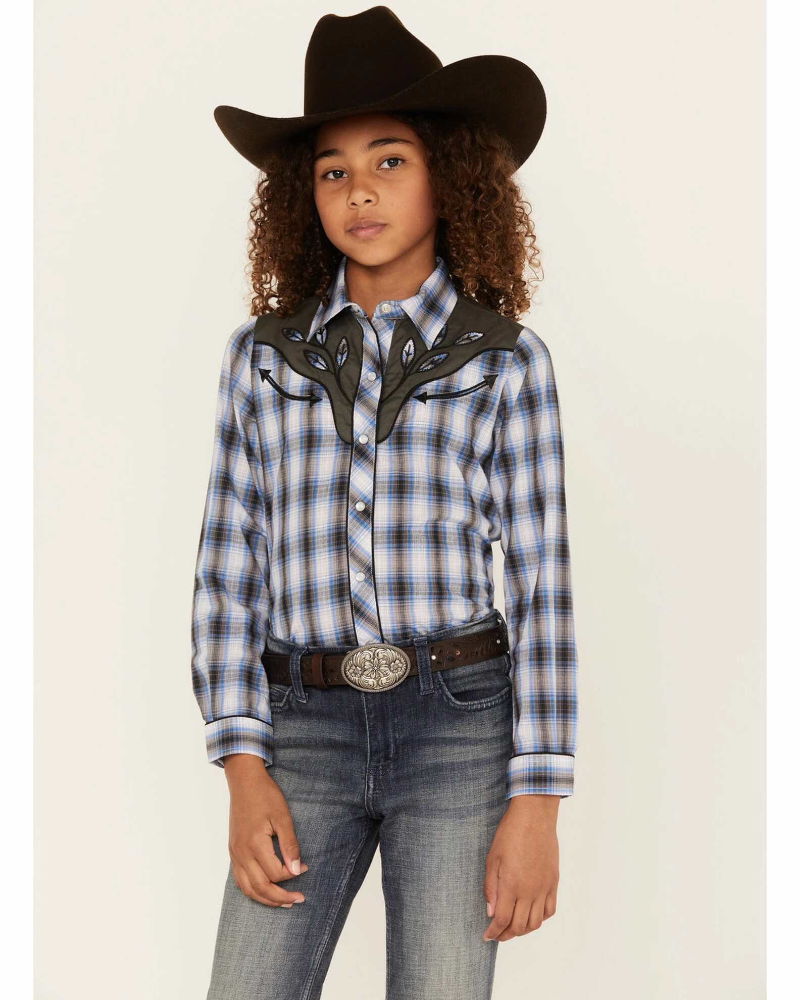Roper Girls' Blue Plaid Embroidered Yoke Long Sleeve Snap Western Shirt 3 Roper Girls' Blue Plaid Embroidered Yoke Long Sleeve Snap Western Shirt