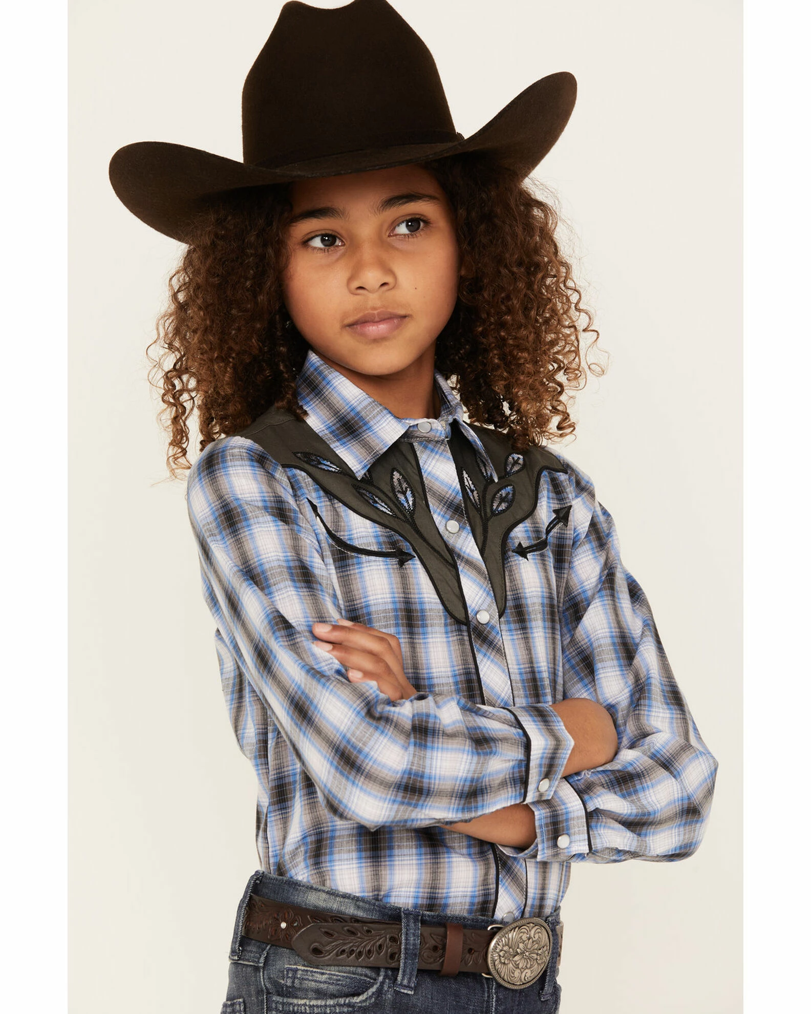Roper Girls' Blue Plaid Embroidered Yoke Long Sleeve Snap Western Shirt 4 Roper Girls' Blue Plaid Embroidered Yoke Long Sleeve Snap Western Shirt - Image 2