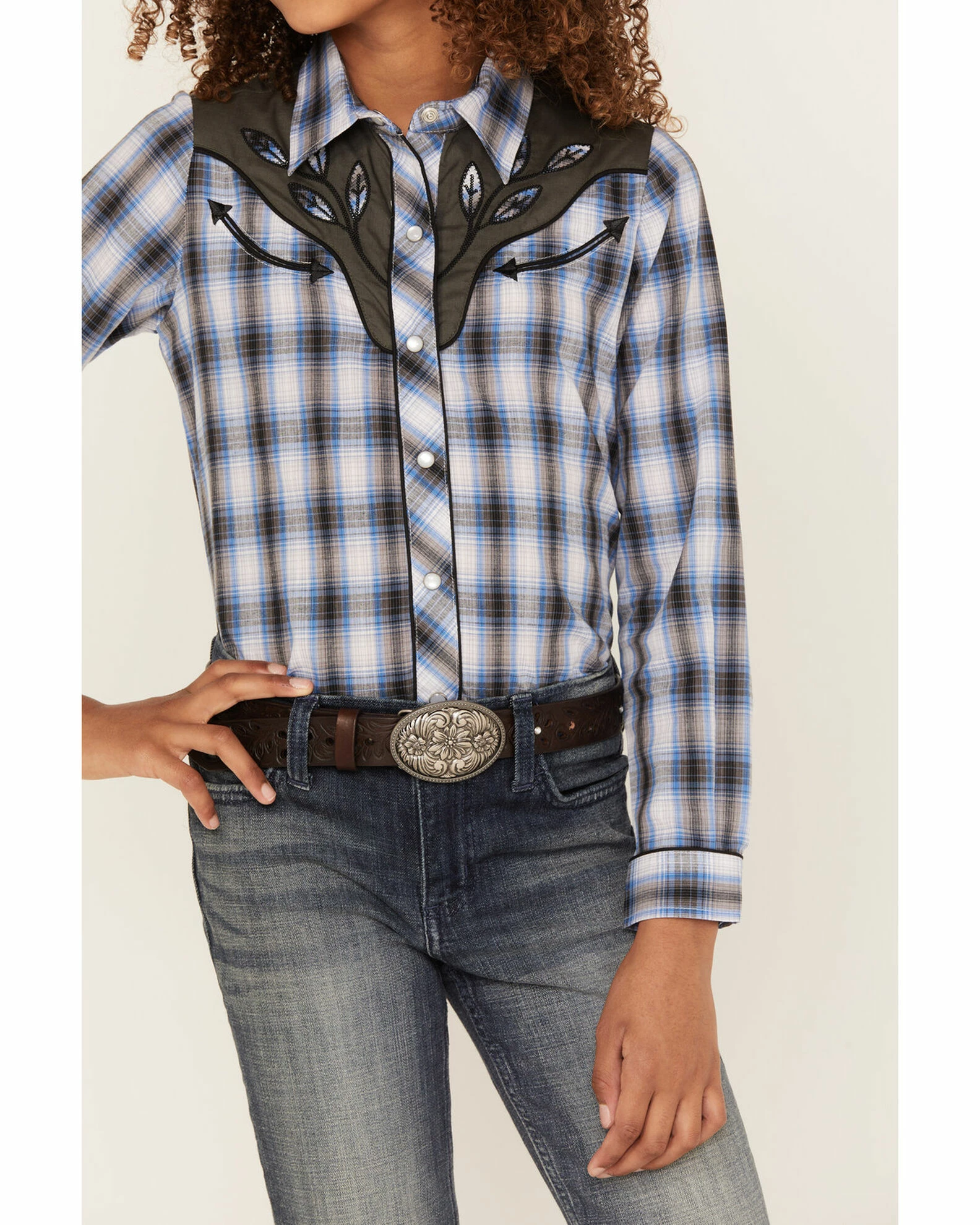 Roper Girls' Blue Plaid Embroidered Yoke Long Sleeve Snap Western Shirt 5 Roper Girls' Blue Plaid Embroidered Yoke Long Sleeve Snap Western Shirt - Image 3
