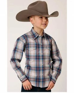 Roper Boys' Amarillo Plaid Print Long Sleeve Western Snap Shirt Multi