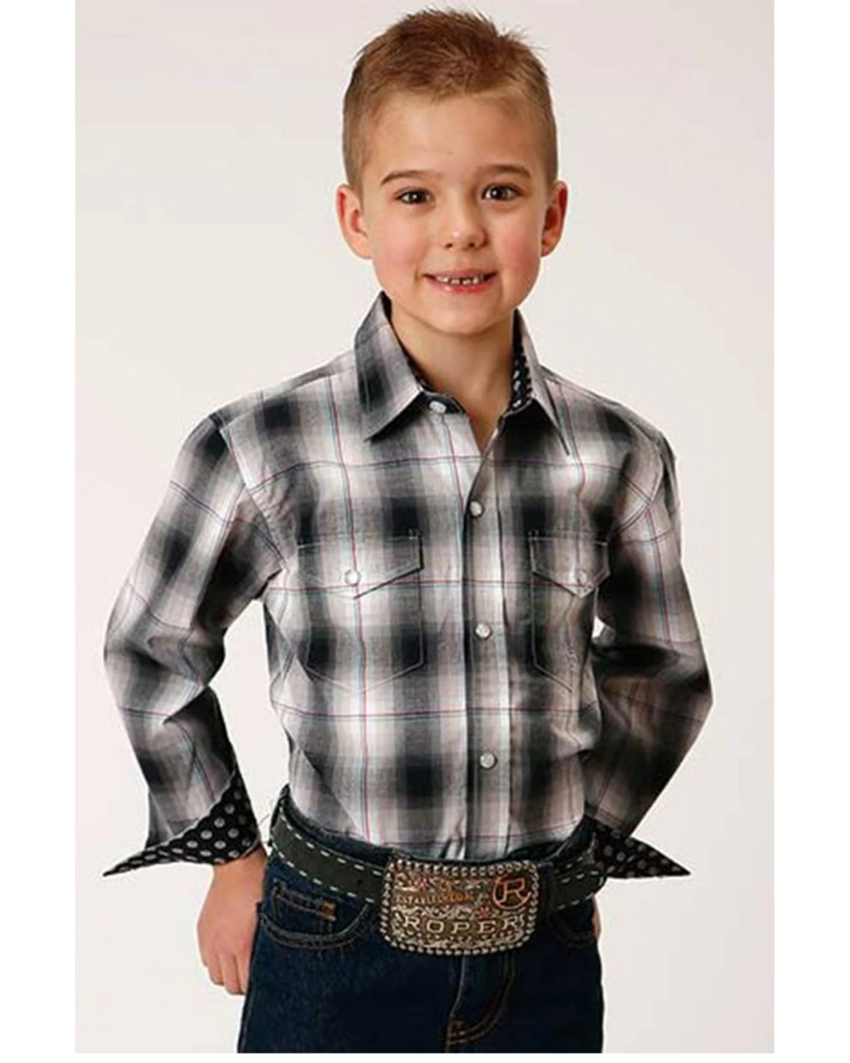 Roper Boys' Amarillo Plaid Print Long Sleeve Western Snap Shirt Black 4 Roper Boys' Amarillo Plaid Print Long Sleeve Western Snap Shirt Black - Image 2