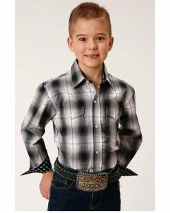 Roper Boys' Amarillo Plaid Print Long Sleeve Western Snap Shirt Black