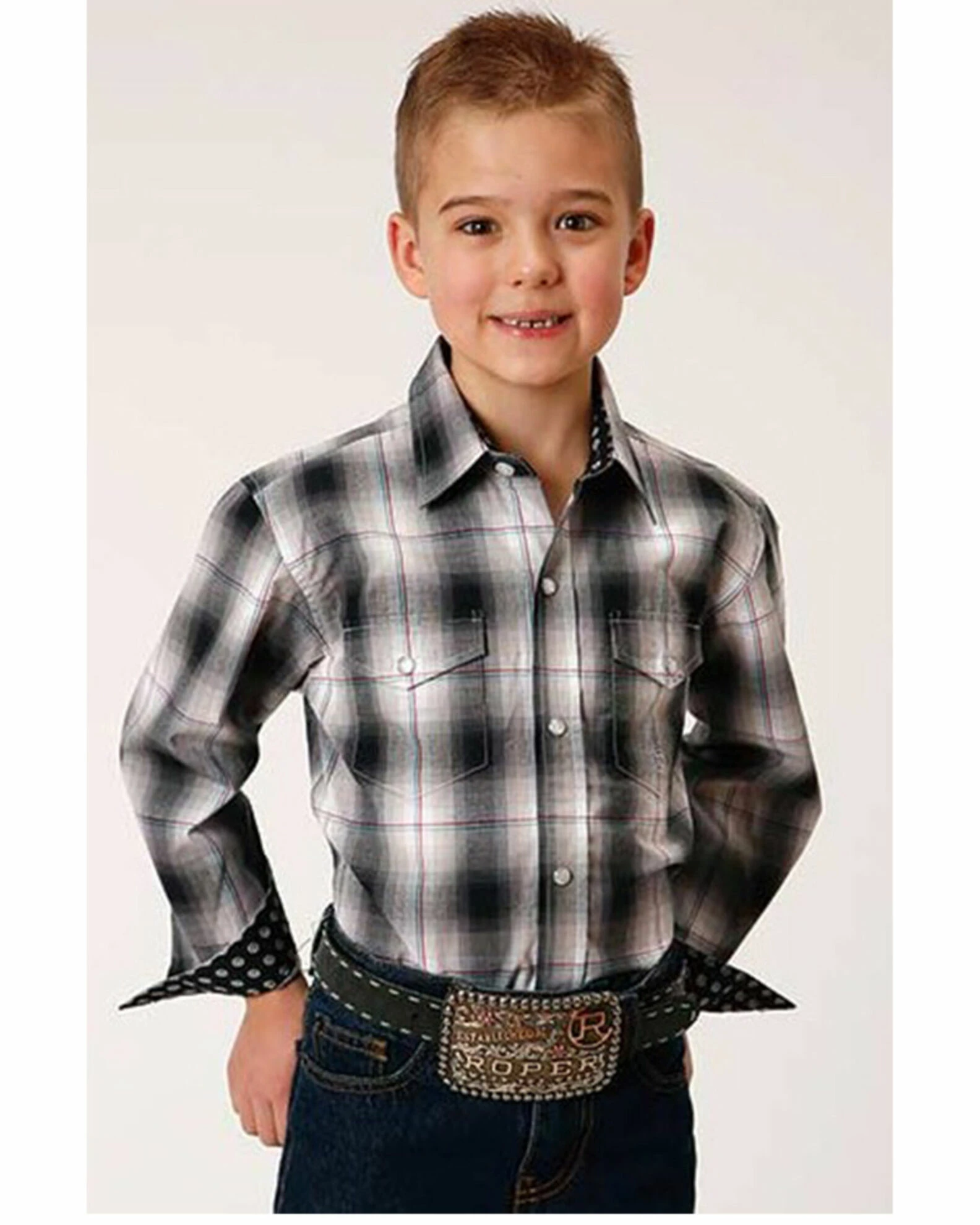 Roper Boys' Amarillo Plaid Print Long Sleeve Western Snap Shirt Black 3 Roper Boys' Amarillo Plaid Print Long Sleeve Western Snap Shirt Black