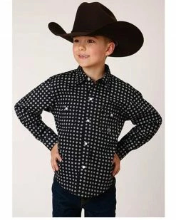 Roper Boys' Amarillo Geo Print Long Sleeve Western Snap Shirt Black