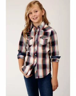 Roper Girls' Black Ombre Plaid Long Sleeve Snap Western Shirt  -Roper Shop 2000352185 001 P1 1