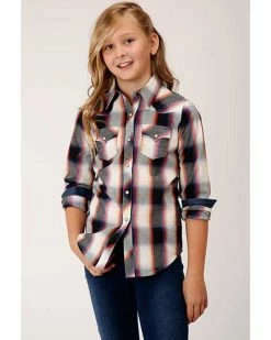 Roper Girls' Black Ombre Plaid Long Sleeve Snap Western Shirt