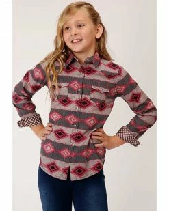 Roper Girls' Red Southwestern Stripe Long Sleeve Snap Western Shirt 