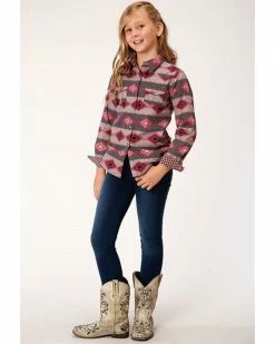 Roper Girls' Red Southwestern Stripe Long Sleeve Snap Western Shirt  -Roper Shop 2000352187 600 P3