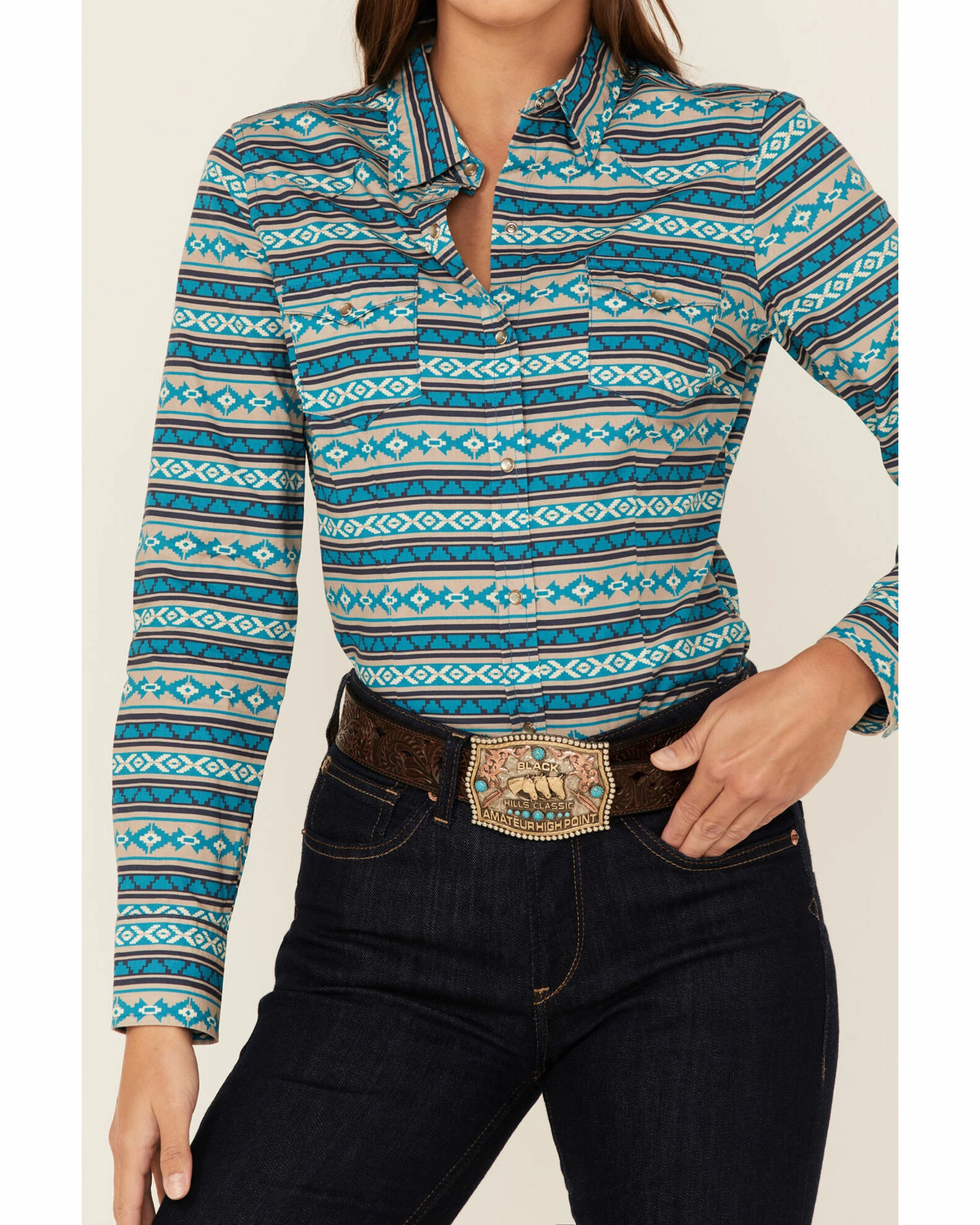 Roper Women's Teal Southwestern Stripe Snap Front Shirt 4 Roper Women's Teal Southwestern Stripe Snap Front Shirt - Image 2