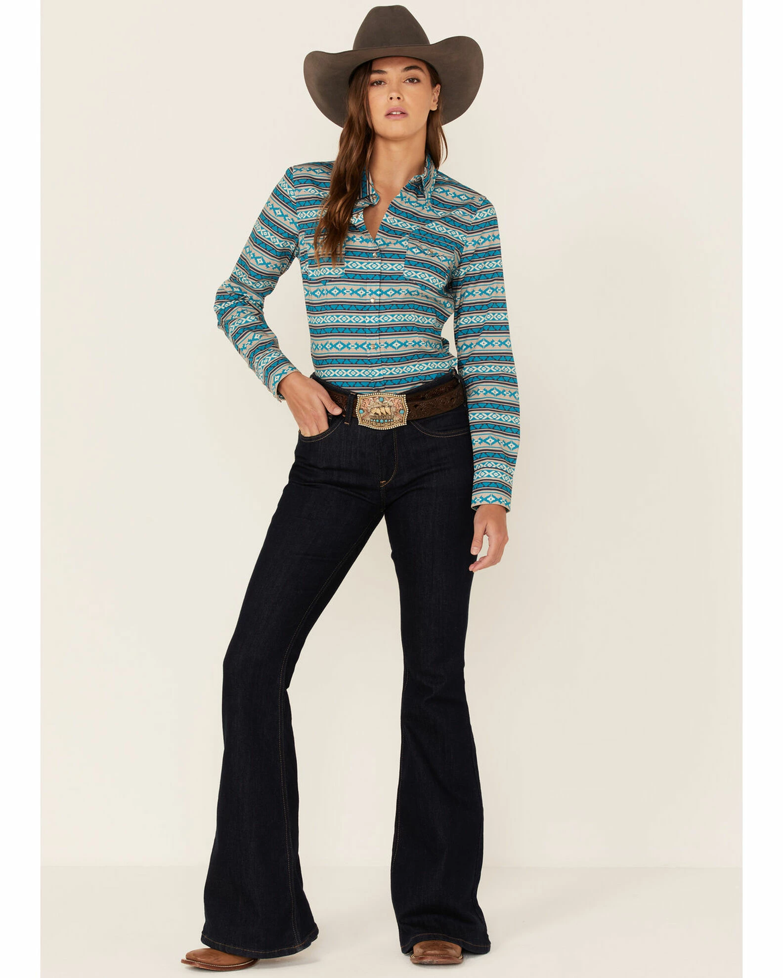 Roper Women's Teal Southwestern Stripe Snap Front Shirt 6 Roper Women's Teal Southwestern Stripe Snap Front Shirt - Image 4