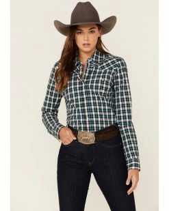 Roper Women's Plaid Long Sleeve Western Snap Shirt Teal -Roper Shop 2000352238 442 P1 1