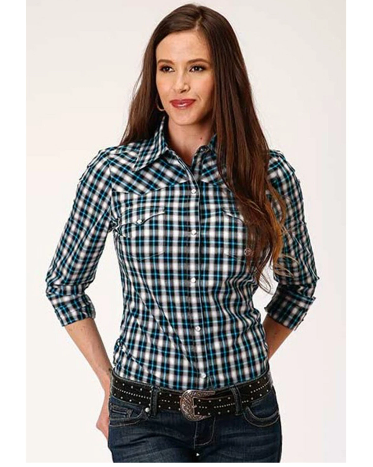 Roper Women's Plaid Long Sleeve Western Snap Shirt - Plus Teal 4 Roper Women's Plaid Long Sleeve Western Snap Shirt - Plus Teal - Image 2