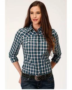 Roper Women's Plaid Long Sleeve Western Snap Shirt - Plus Teal